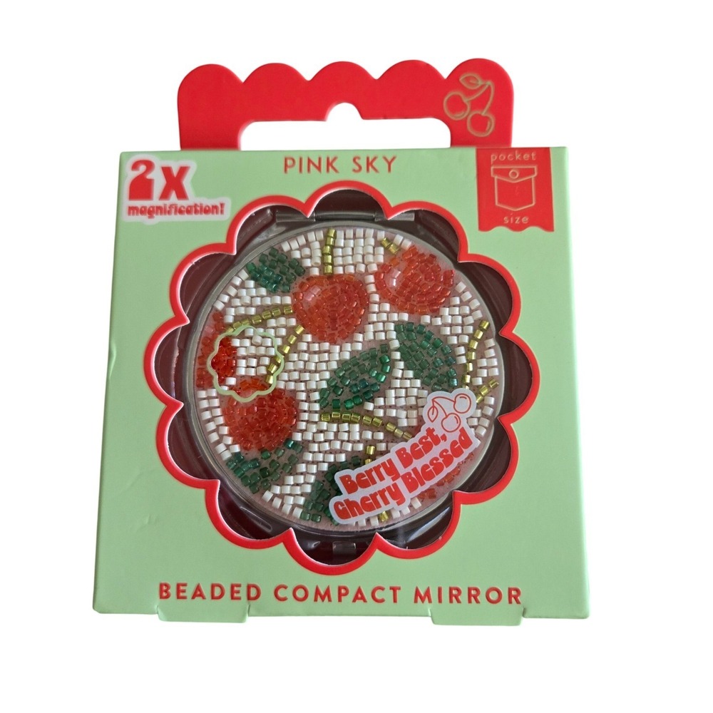 Pink Sky Beaded Compact Mirror Womens OS Pink New Cherry Beaded 2x Magnification